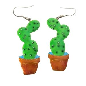 VINTAGE Sterling Silver Enamel Cactus In Pot Earrings Southwest Garden Western